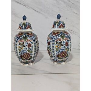 OUD Delft Made In Holland Matching Pair Signed Porcelain Hand Painted Jars